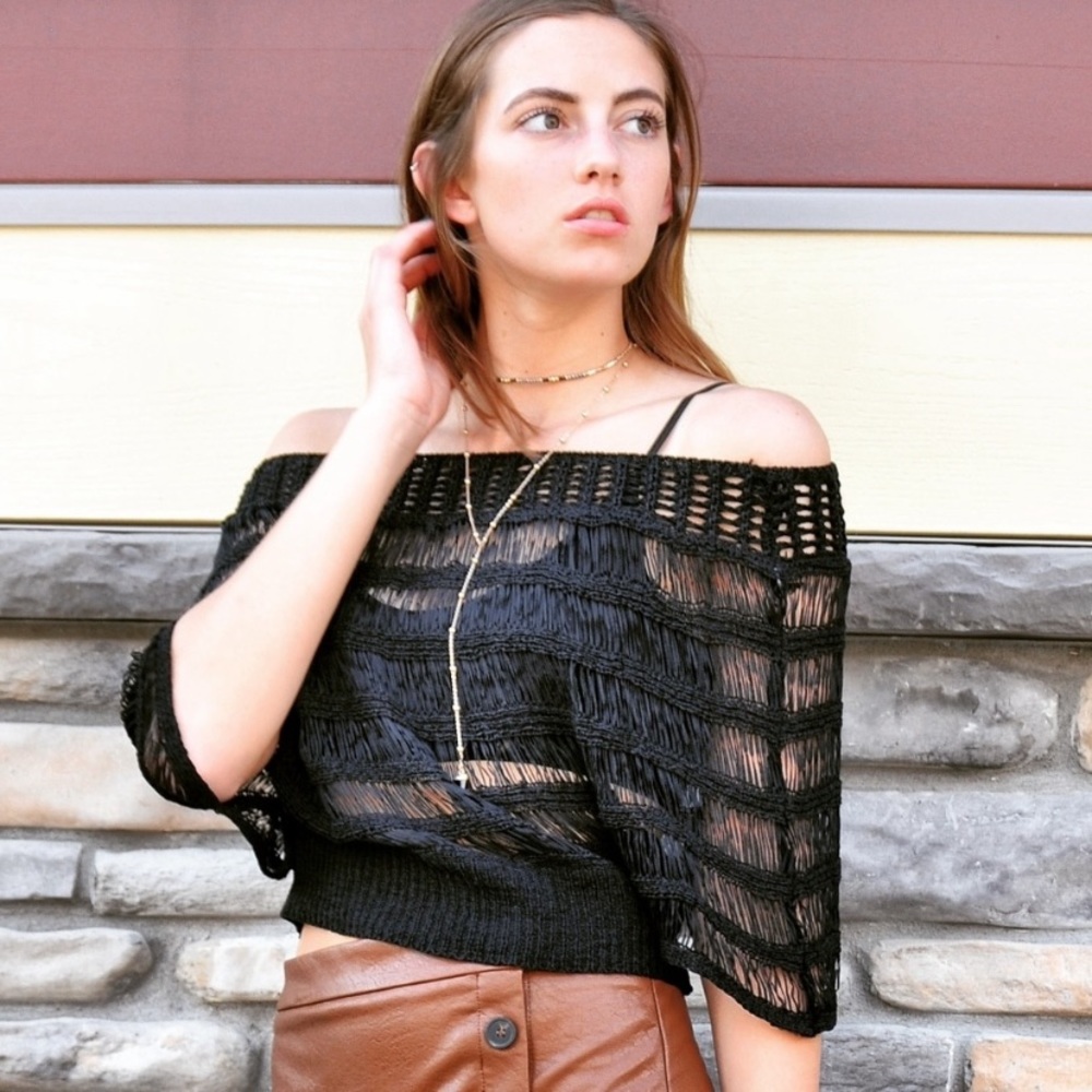 Black off shoulder cropped crocheted knit top Small S Large L